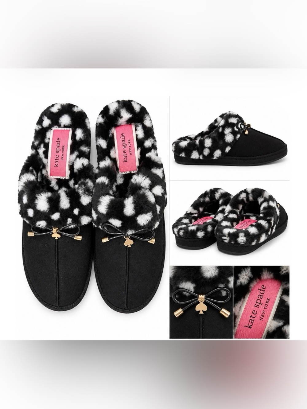 Kate Spade Black Slipper Mules with Black-and-White Faux Fur. Size 10